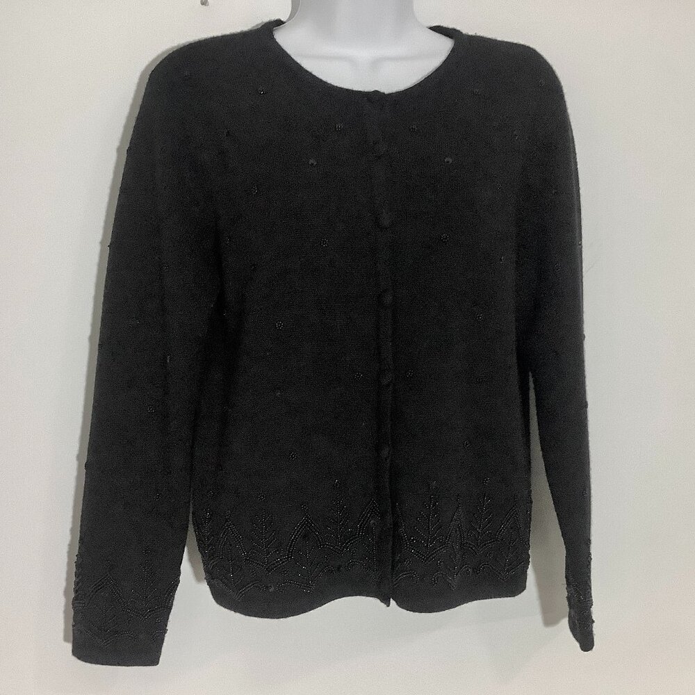Vintage Pure Wool Buttoned Blazer/ Sweater Black  Beads& Sequins Petite Small